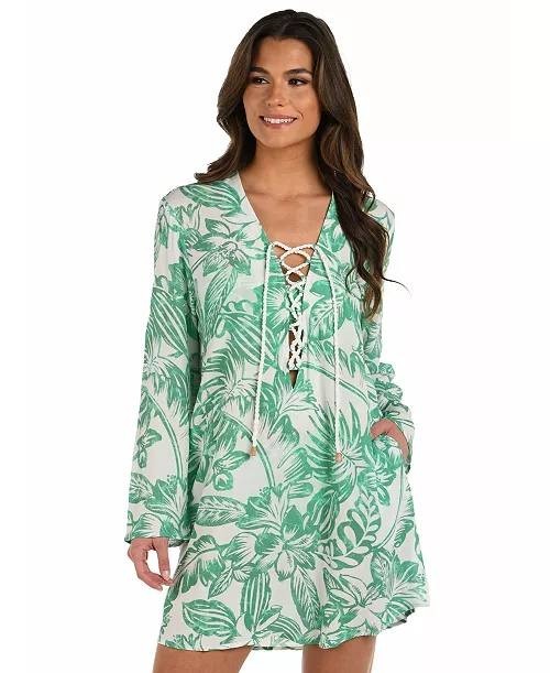La Blanca Batiki Lace‑Front Tunic Cover‑Up Dress Eucalyptus S NWT $113