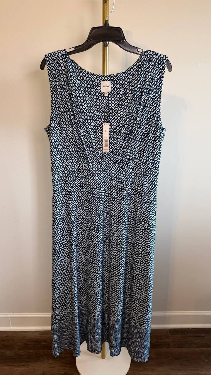 Nic + Zoe Ella Coastal Geo Print Fit & Flare Midi Dress Blue Multi L NWT
