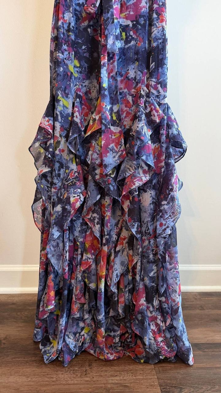 Lauren Ralph Lauren Print Ruffle Georgette Gown Blue Multi 2 NWT $325