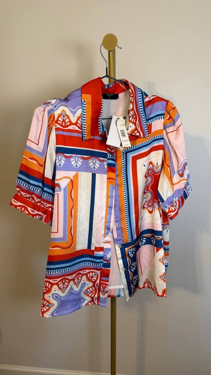 Tahari Women’s Printed Short-Sleeve Button Blouse Como Tile Print L $78 NWT