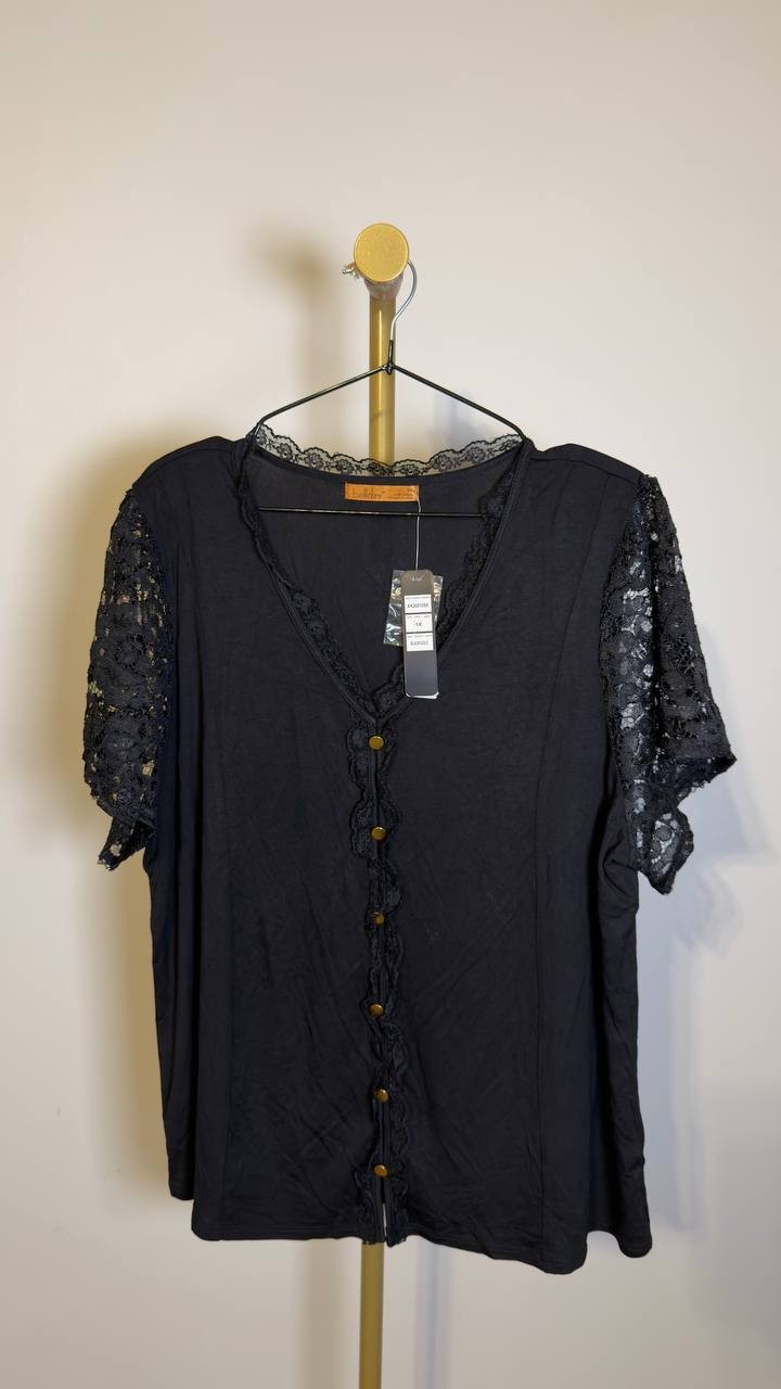 Belldini Plus Size Crochet Lace Sleeve V‑Neck Top Black 1X NWT $59