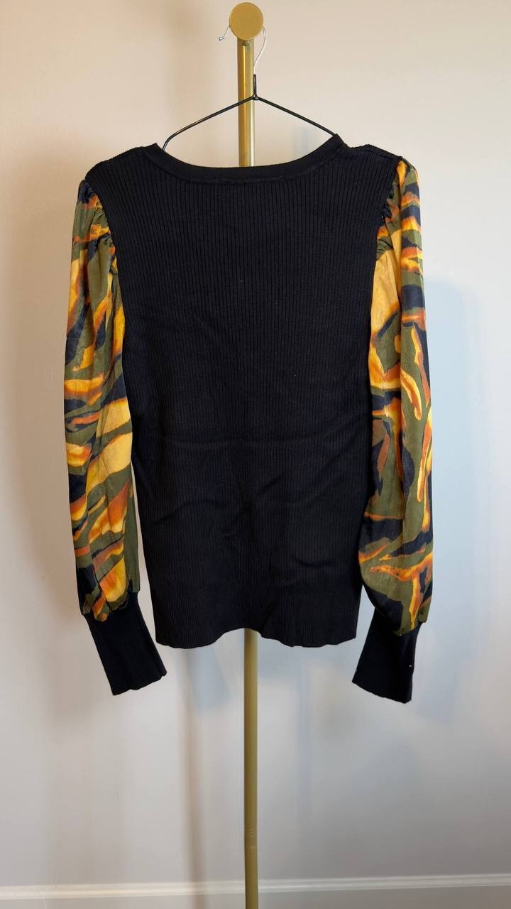 DKNY Rib Puff Shoulder Sweater Black Urban Tiger XL NWT $89