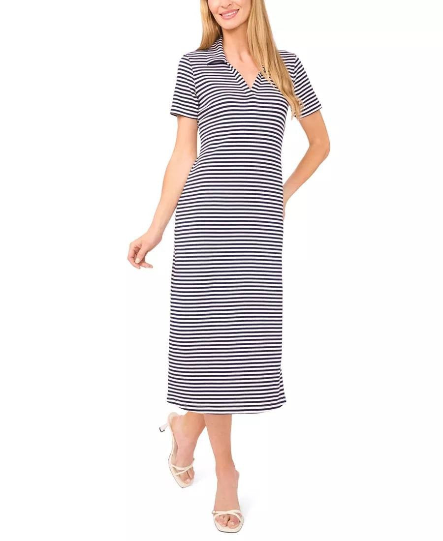 CeCe Maxi Polo‑Style Shirt Dress – White Striped – Size S – NWT – $99