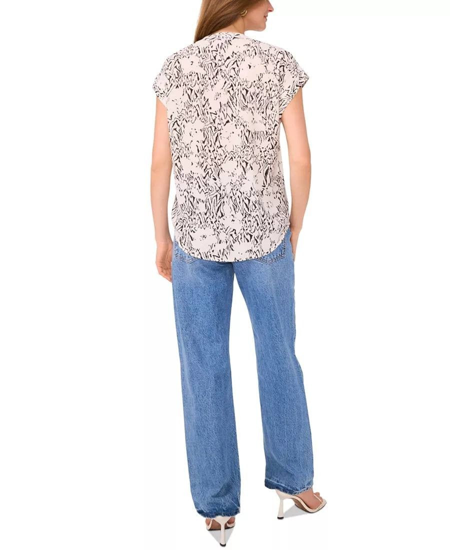 Vince Camuto XL Beige Black Printed Blouse V Neck Placket Short Sleeve Good Cond