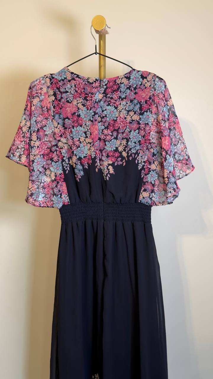 MSK Printed V-Neck Flutter-Sleeve Smocked-Waist Dress JBS Navy S NWOT $89