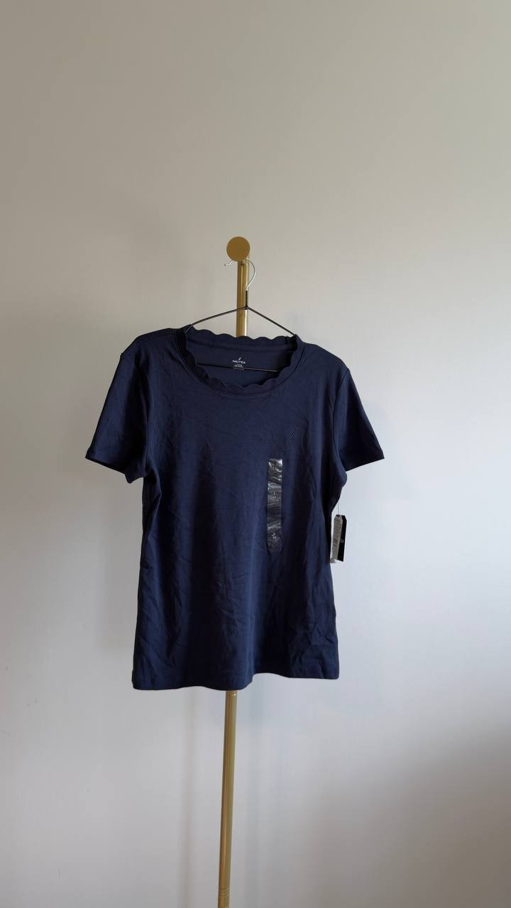 Nautica Scallop‑Trim Cotton Short‑Sleeve T‑Shirt Navy L NWT $39.50