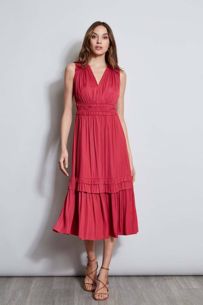 T-Tahari Smocked Sleeveless Midi Dress Red Size XS NWT $148 – Romantic Feminine