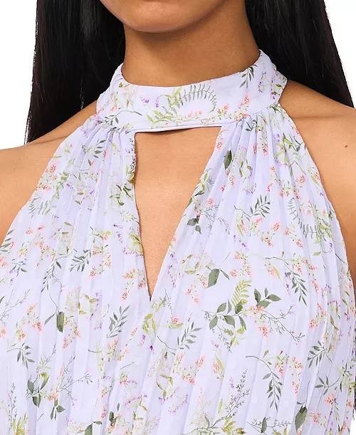 CeCe Pleated Floral‑Print Keyhole Dress Periwinkle M NWT $138