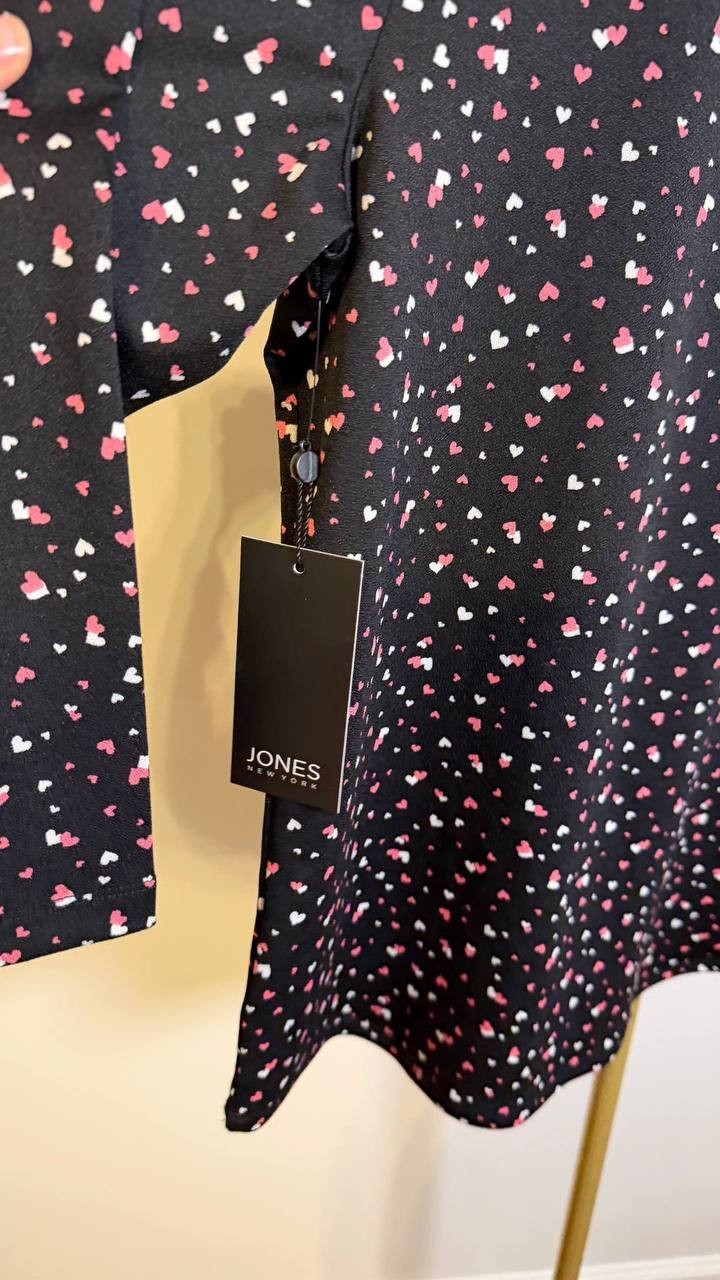 Jones New York Heart‑Print 3/4 Sleeve Crepe Top Black Multi S $59.50 NWT