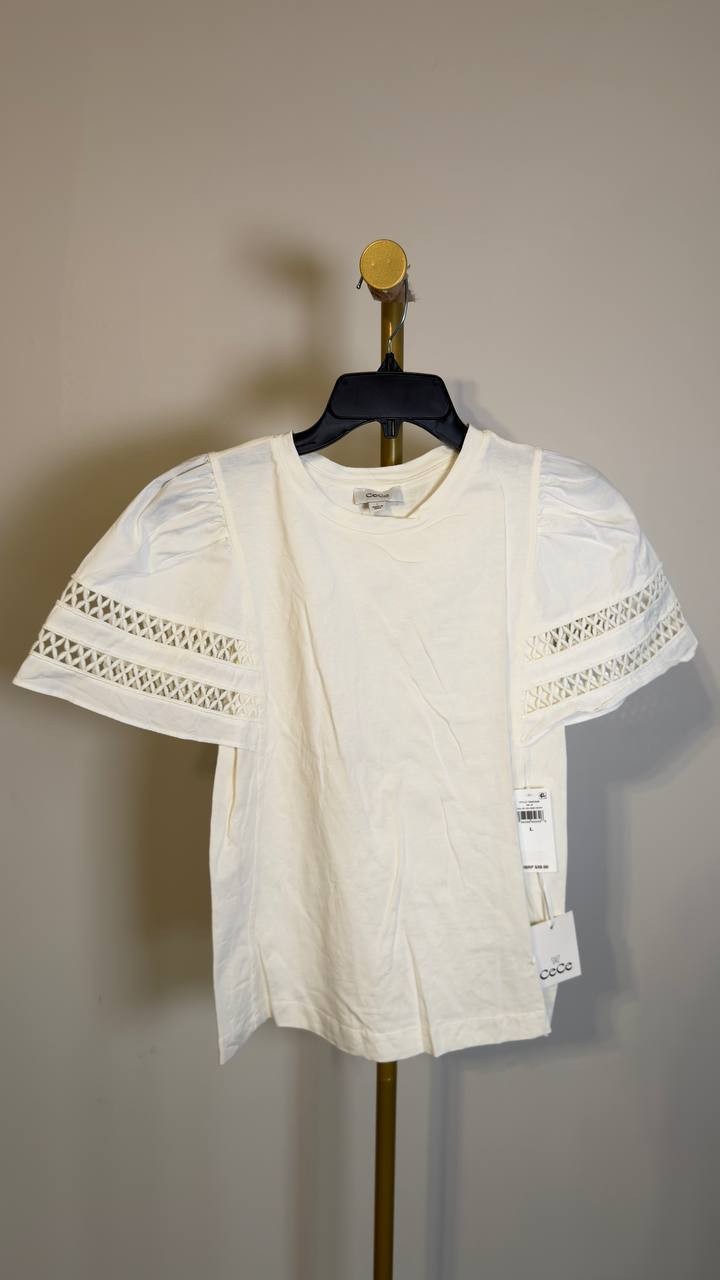 CeCe Women’s Combo Trim‑Sleeve Crew Neck Cotton Top New Ivory L NWT $59
