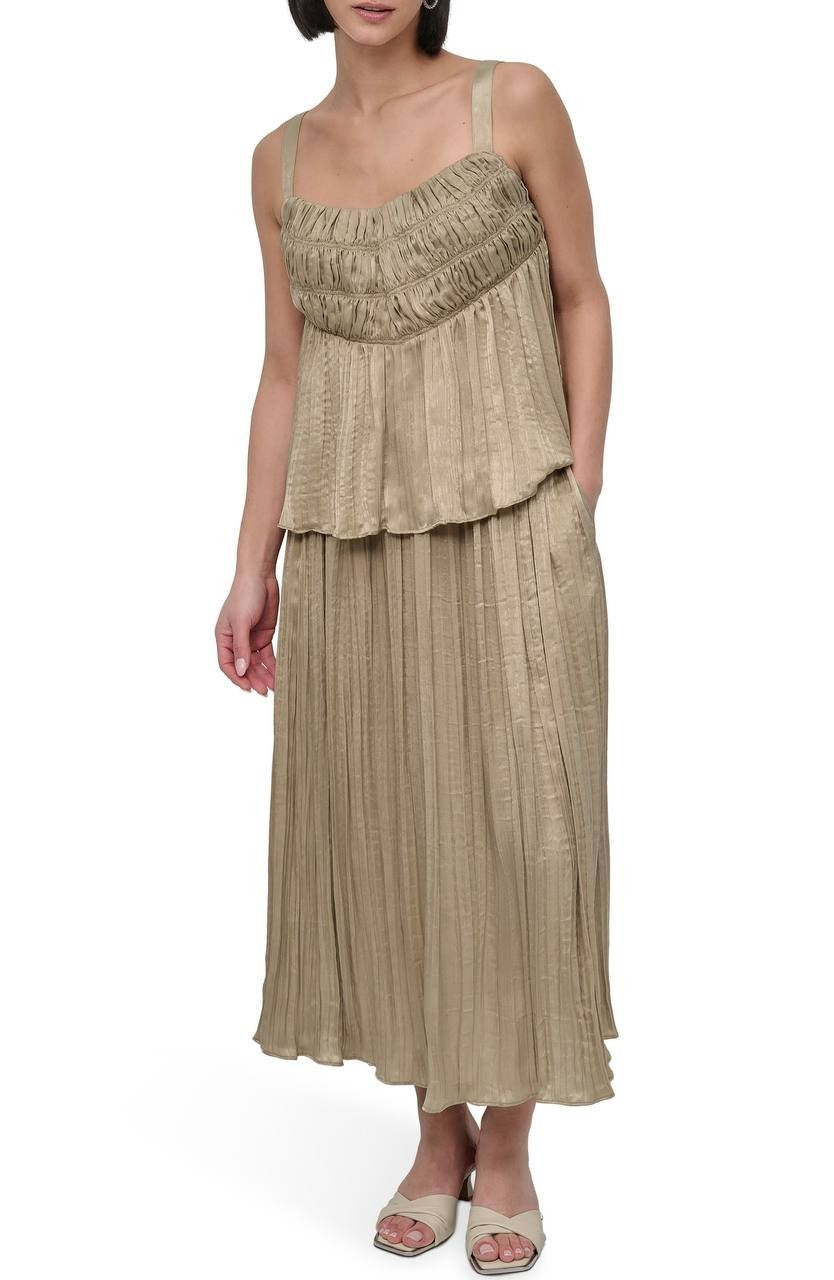 DKNY Crushed Pleats Sleeveless Scoop‑Neck Top Pale Moss M NWT $89