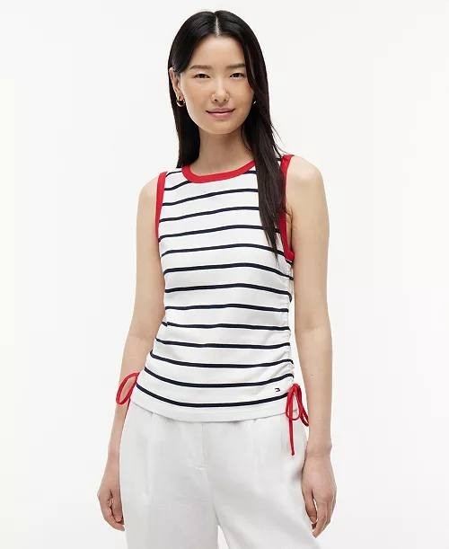 Tommy Hilfiger Tie‑Detail Sleeveless Cotton Top White/Red/Black XL NWT $39.50