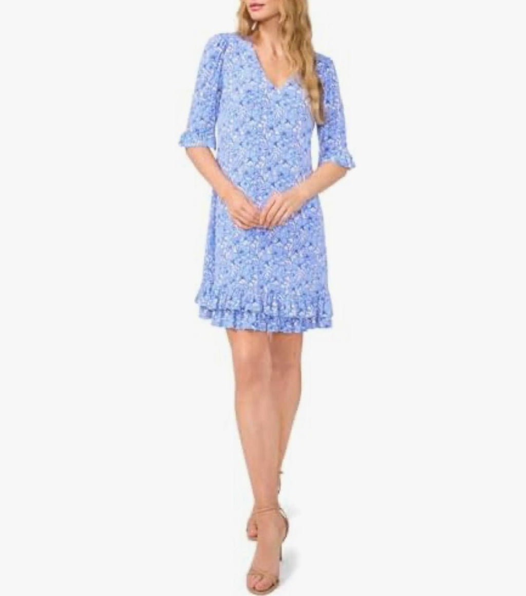 CeCe Dress S Blue V-Neck Knit Ruffle Hem Long Sleeve Pullover Stretch NWT