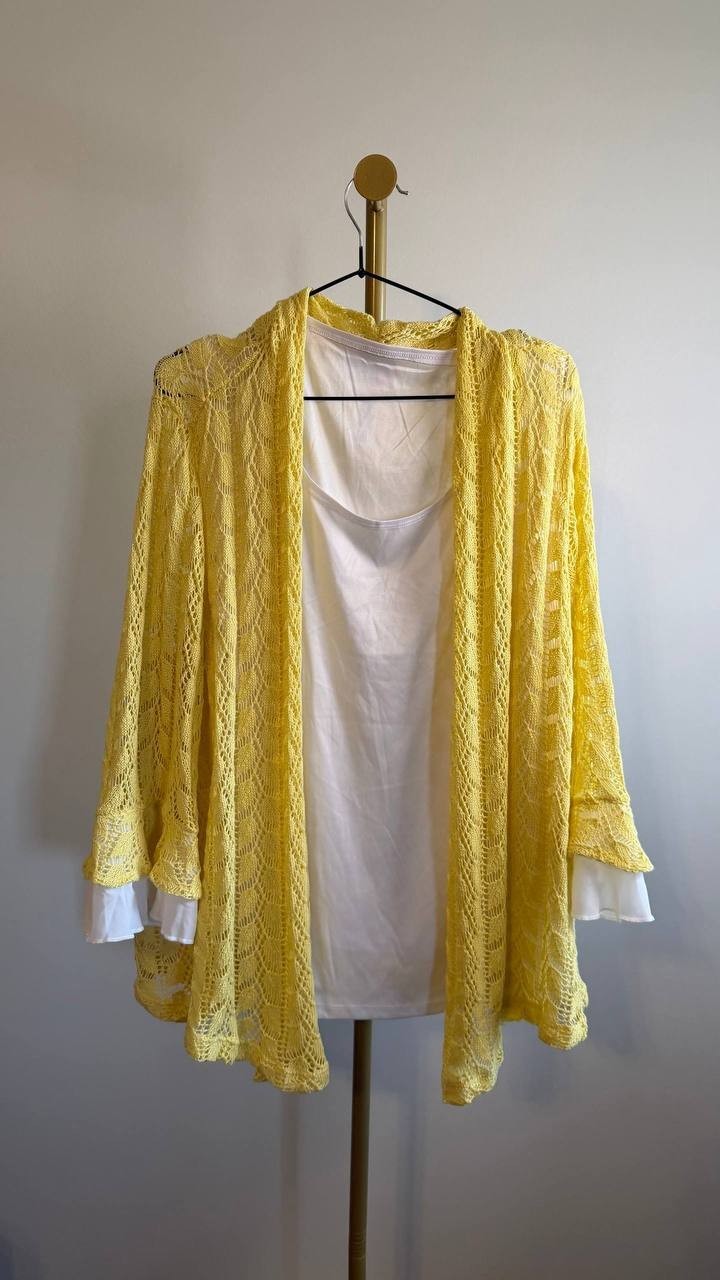 Alfred Dunner Women’s 2‑in‑1 Pointelle Knit Top Yellow White 2X $79.50 NWT