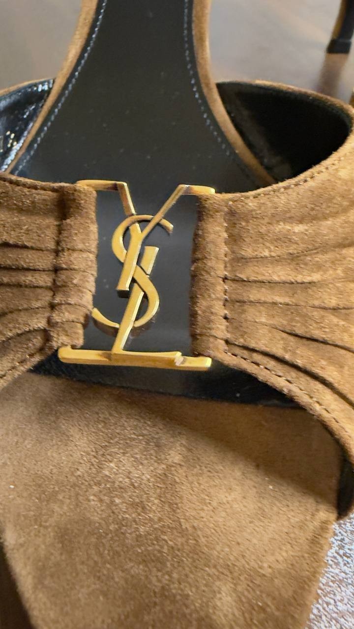 Saint  Laurent  Babylone  Mules  Suede  Dark Havana 37.5  New in Box  $1200