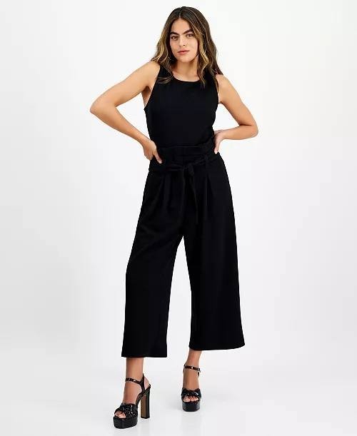 Bar III Petite Tie-Waist Jumpsuit Black Crew-Neck Sleeveless Cropped NWT