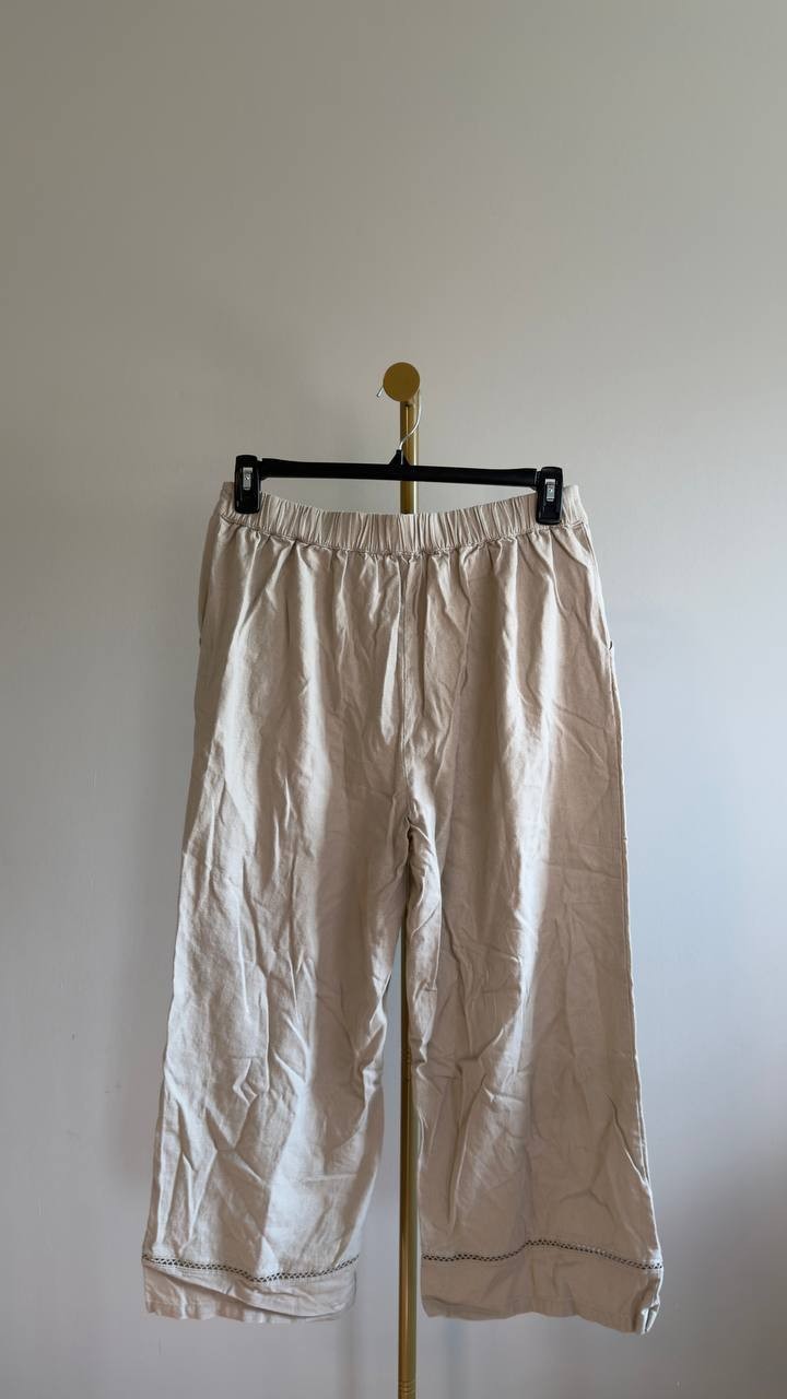 DKNY Jeans Linen‑Blend High‑Rise Pull‑On Wide‑Leg Pants Pebble PXL NWT $89