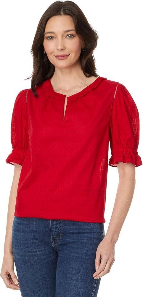 Tommy Hilfiger Puff Sleeve Top – Size S – NWT – Scarlet Red Dobby Stripe V-Neck