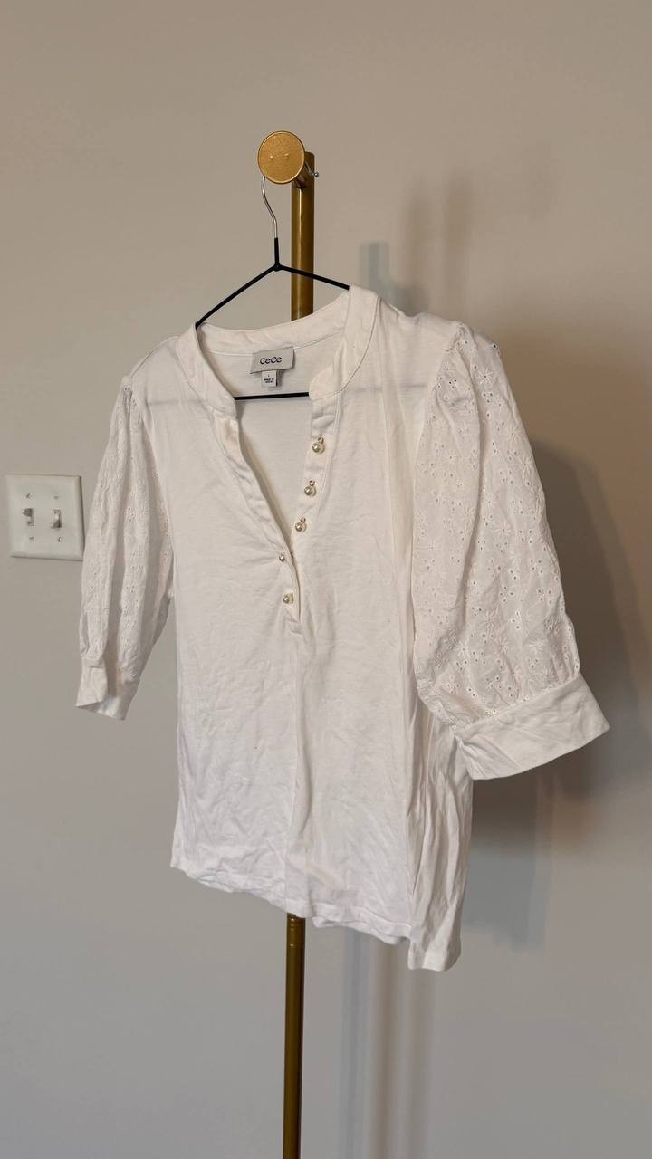 CeCe White Puffed‑Sleeve Mixed‑Media Top L Pre‑Owned Feminine Style msrp$69