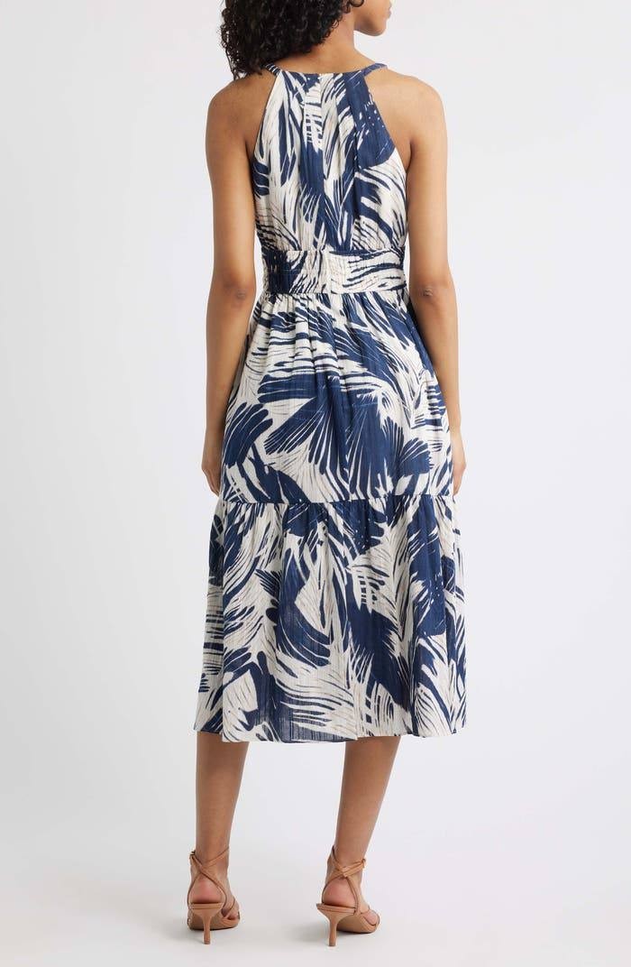 Vince Camuto Women’s Leaf Print Cotton Halter Neck Midi Dress Blue 12 $188 NWT