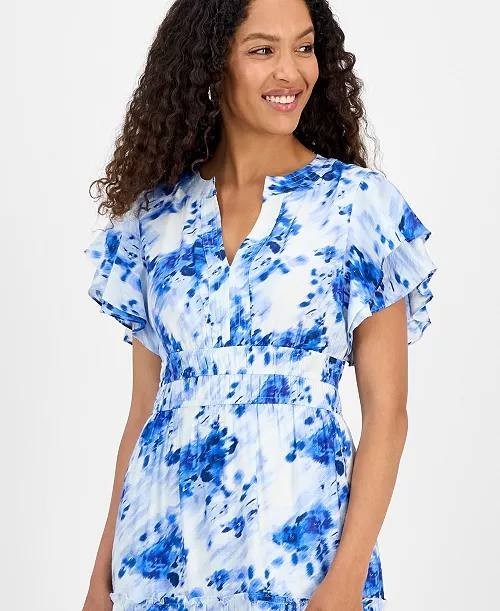 Julia Jordan Printed Ruffle-Sleeve Midi Dress Blue Ivory 8 NWT $139
