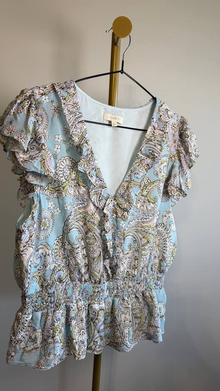 Parker Women’s The Margot Paisley‑Print Ruffled Top Blue Multi L $99 NWT