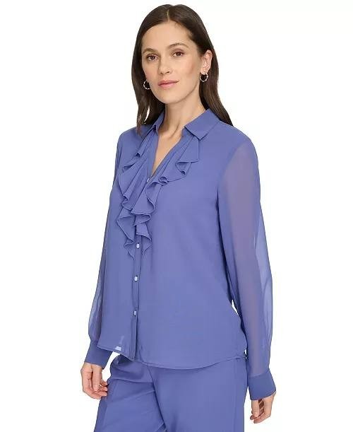 Calvin Klein Petite Ruffle‑Front Long‑Sleeve Blouse – Size PS – NWT – $74