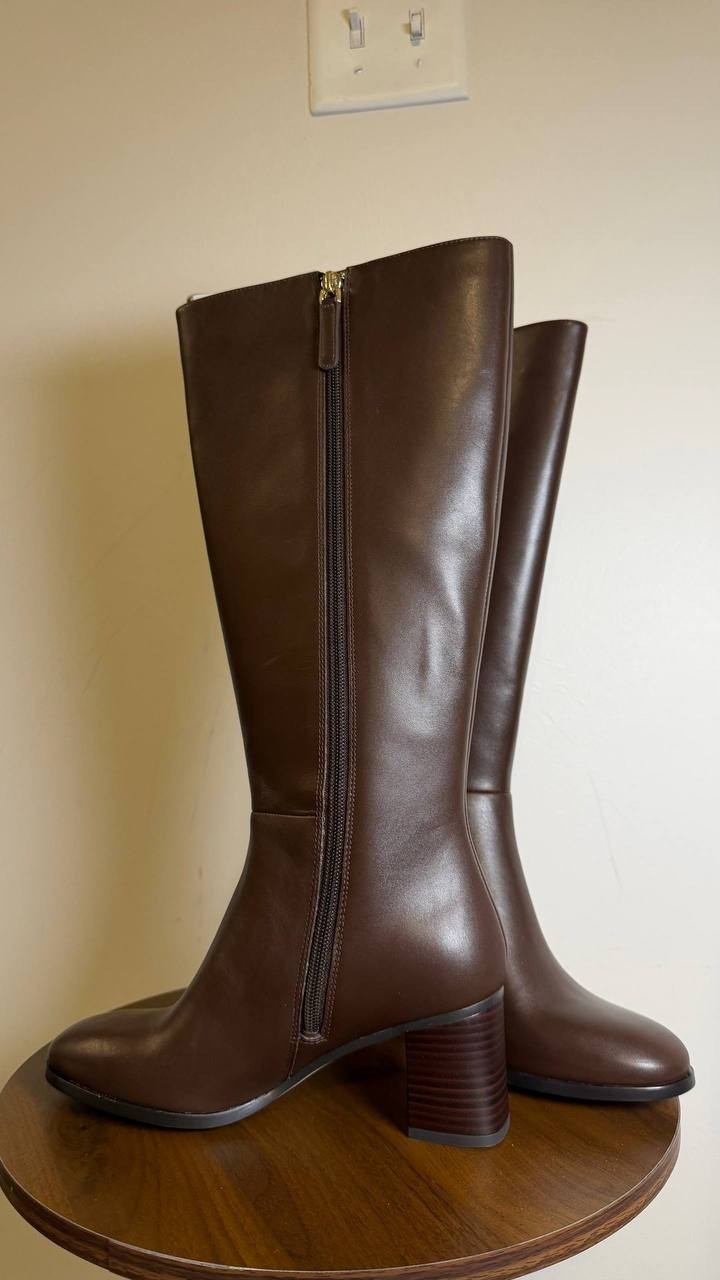 Kate Spade Aimee Tall Leather Boots Brown 6.5B Block Heel NWB $348