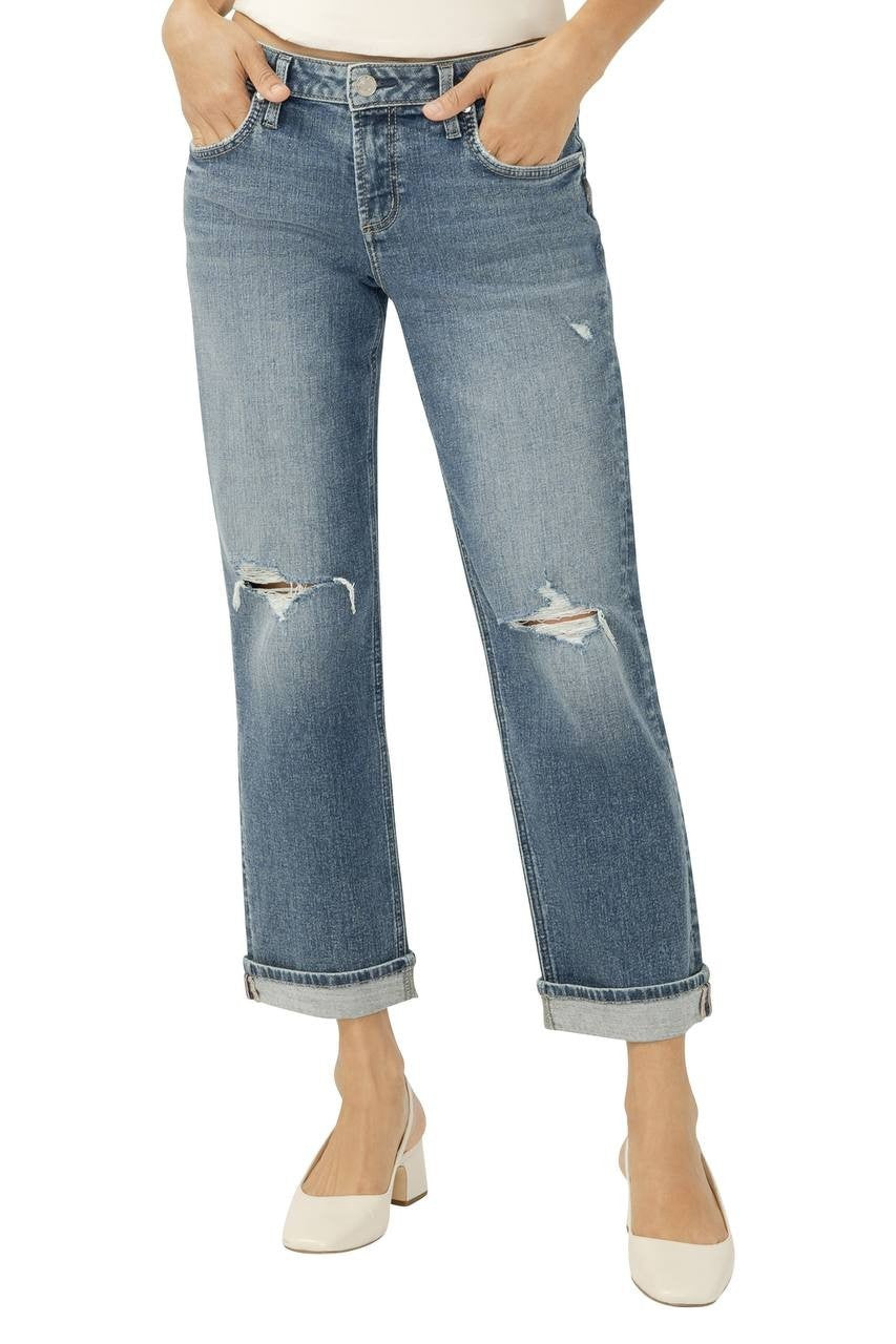Silver Jeans Chelsea Ripped Boyfriend Straight Ankle Jeans Malabar 34 NWT $94