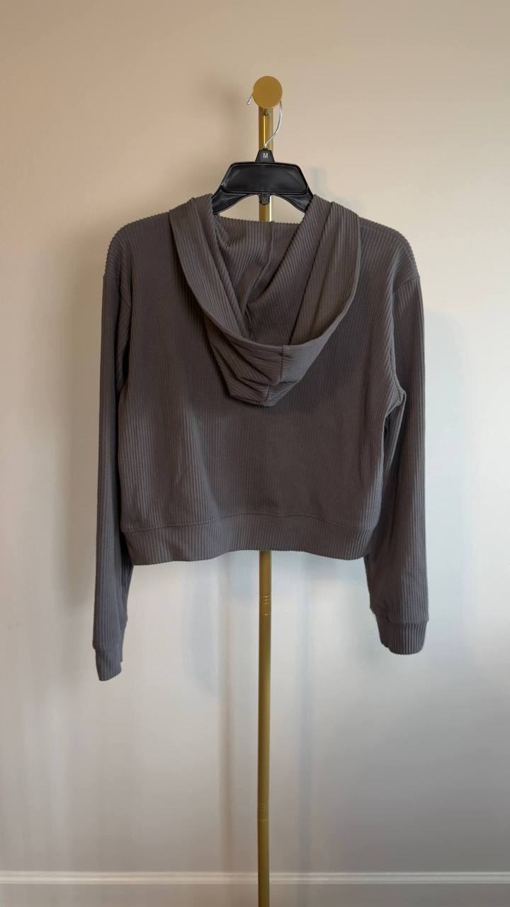 Hippie Rose Ribbed Cropped Zip‑Up Hoodie Granite L NWT $58