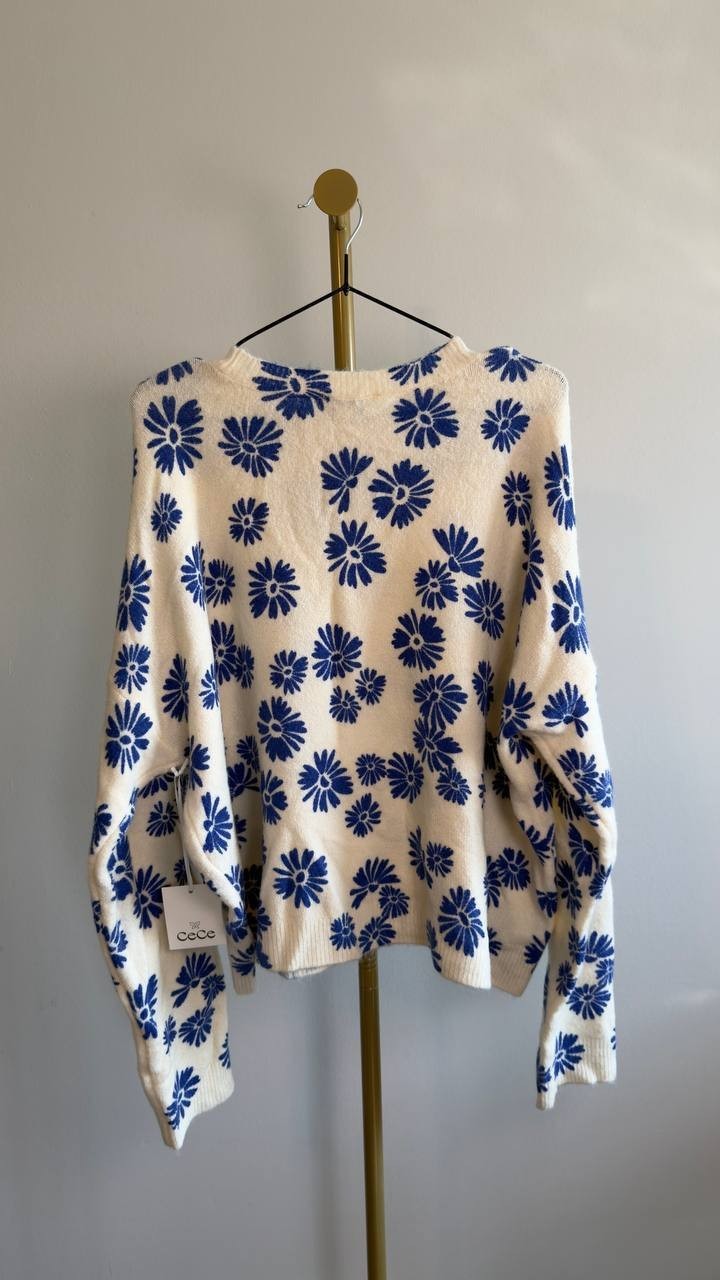 CeCe Flower Print Long‑Sleeve Crewneck Sweater Birch XL NWT $79