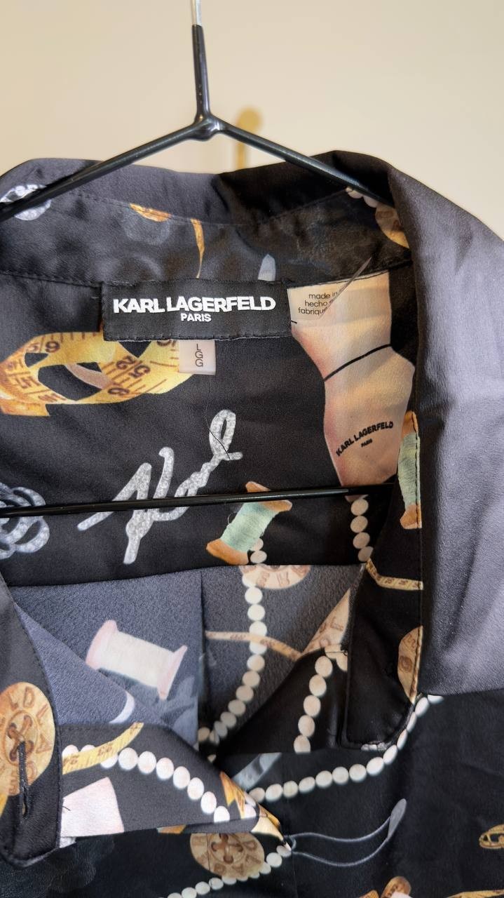 Karl Lagerfeld Paris Satin Print Camp Shirt Black L NWT $99
