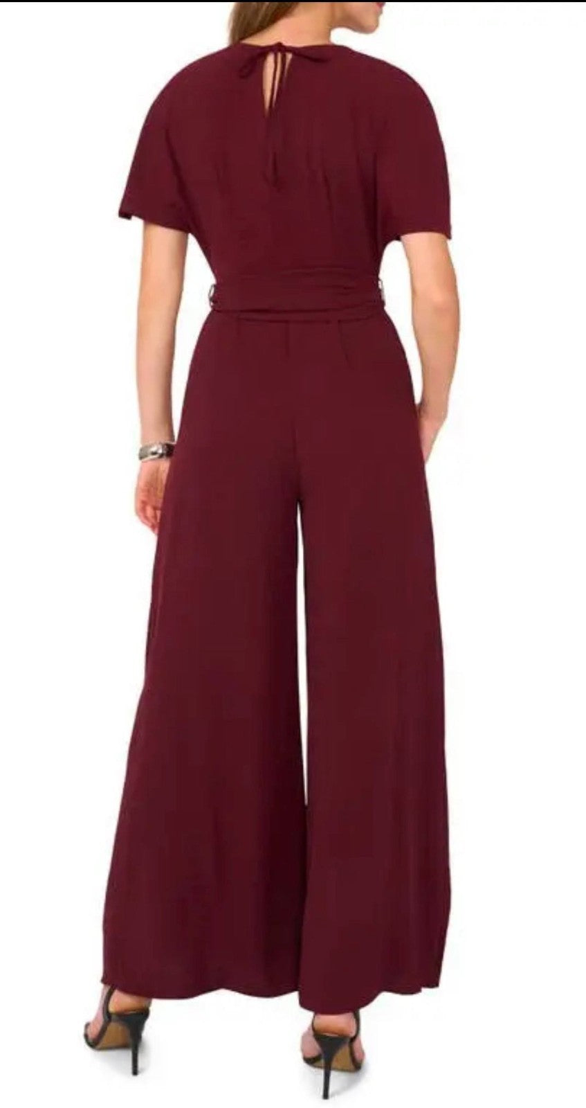 Vince Camuto Open‑Back Wide‑Leg Belted Jumpsuit – Black/Crisp Merlot NWT XS-XL