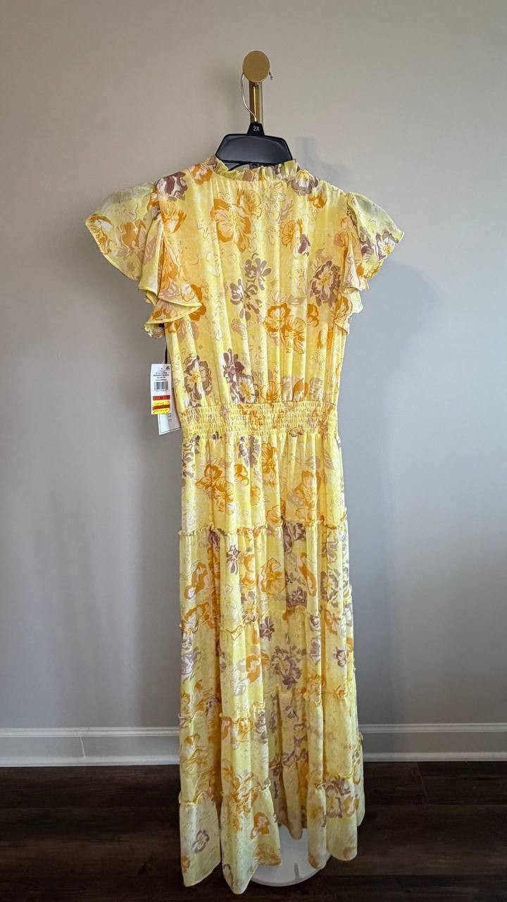 1.STATE Tiered Floral Flutter‑Sleeve Maxi Dress Lemon Meringue XS NWT $139