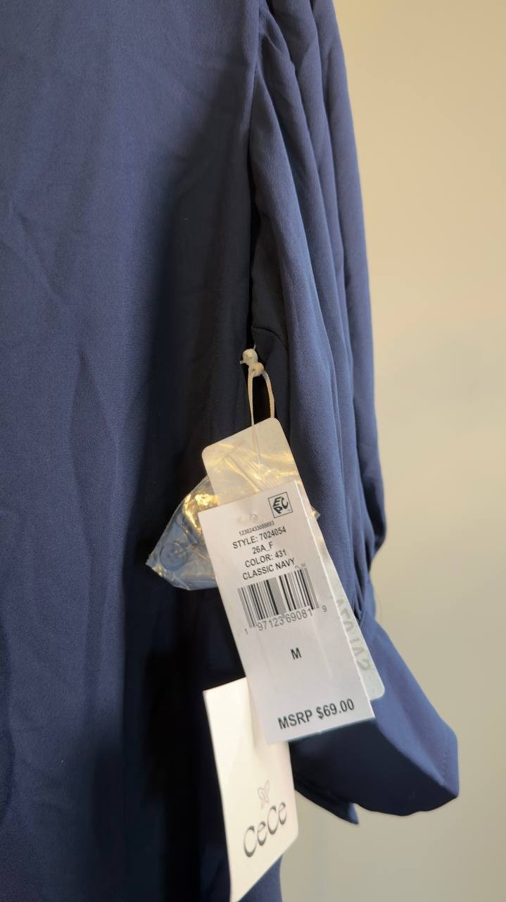 CeCe 3/4‑Sleeve Collared Split‑Neck Button‑Down Top Classic Navy M NWT $69