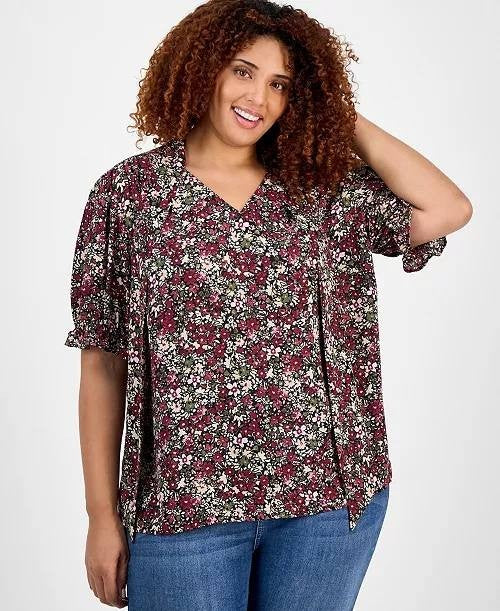 Jones NY Blouse 3X Bordeaux Multi Tie Neck Puff Sleeve Printed Plus Size NWT