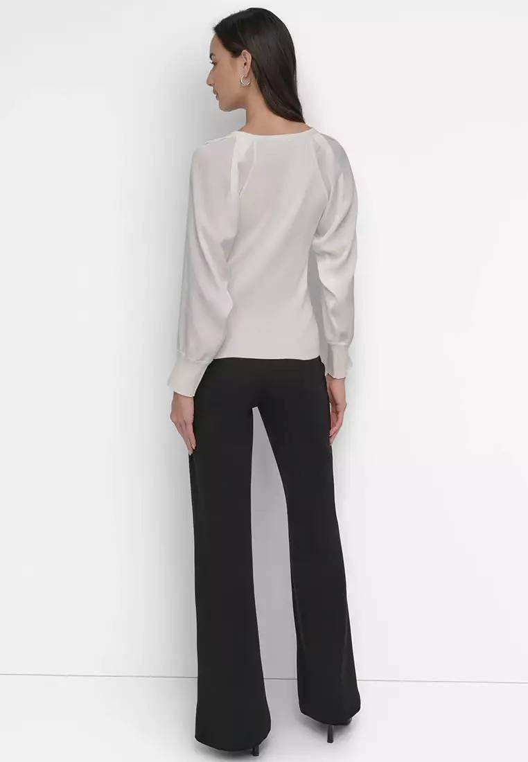 DKNY Women’s Mixed‑Media V‑Neck Top Ivory XS NWT $79