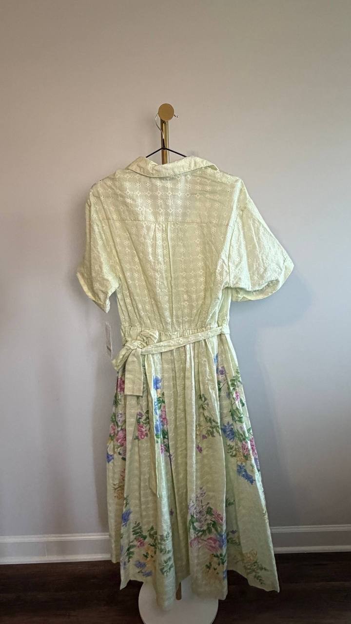 Taylor Eyelet‑Embroidered Belted Cotton Shirt Dress Pea Green 8 NWT $138