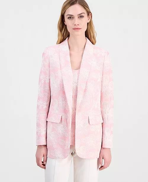 Anne Klein Embroidered Shawl‑Collar Open‑Front Blazer S Rose Cloud NWT $199