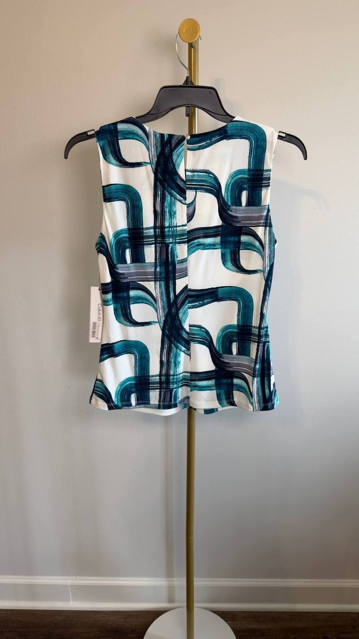 Calvin Klein Printed Sleeveless Pleat‑Neck Cami Top Blue M NWT $49