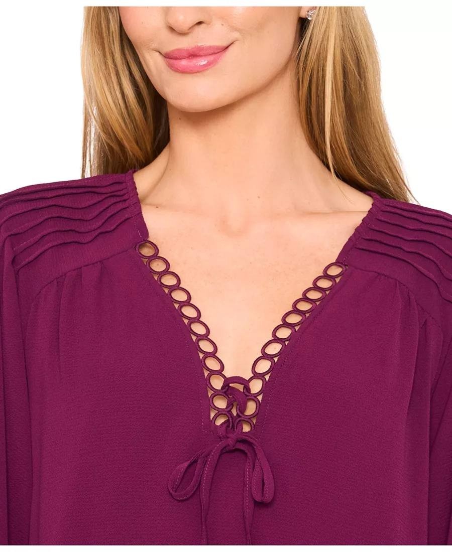 CeCe Circular Trim Pin‑Tuck Long‑Sleeve Top Pink Size XL NWT msrp$79