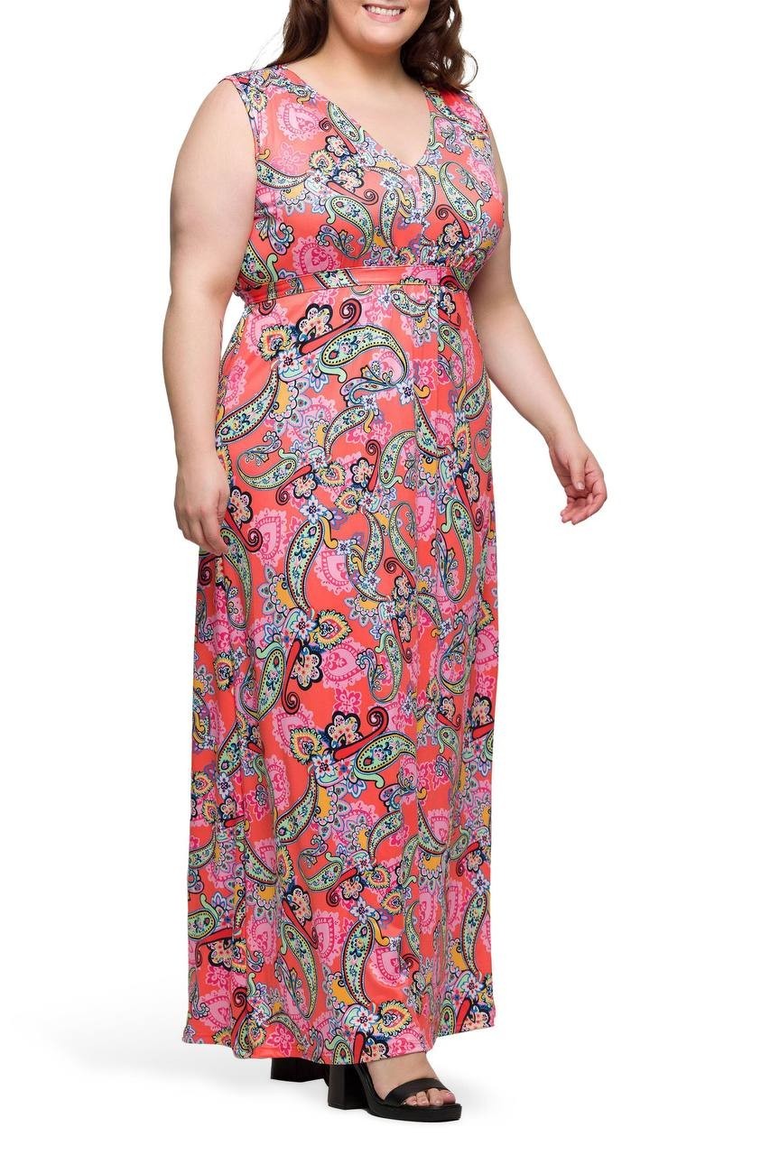 24seven Comfort Apparel Plus V‑Neck Sleeveless Maxi Dress Coral Multi 1X NWT $64