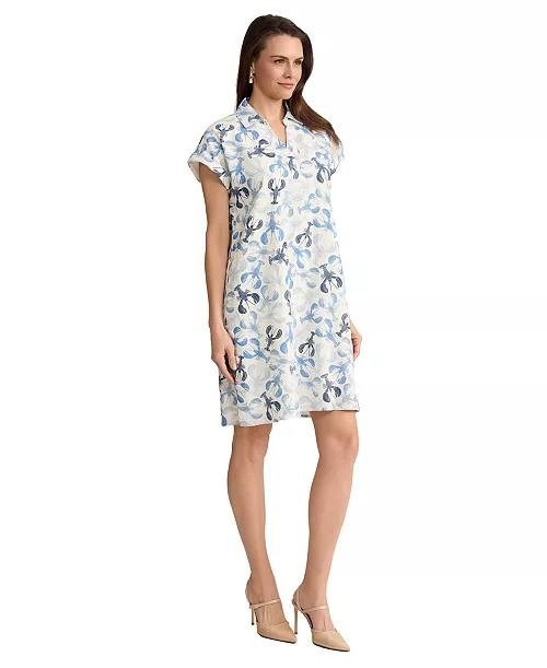 Jones New York Collared Linen‑Blend V‑Neck Dress PM Natural White Multi NWT $99