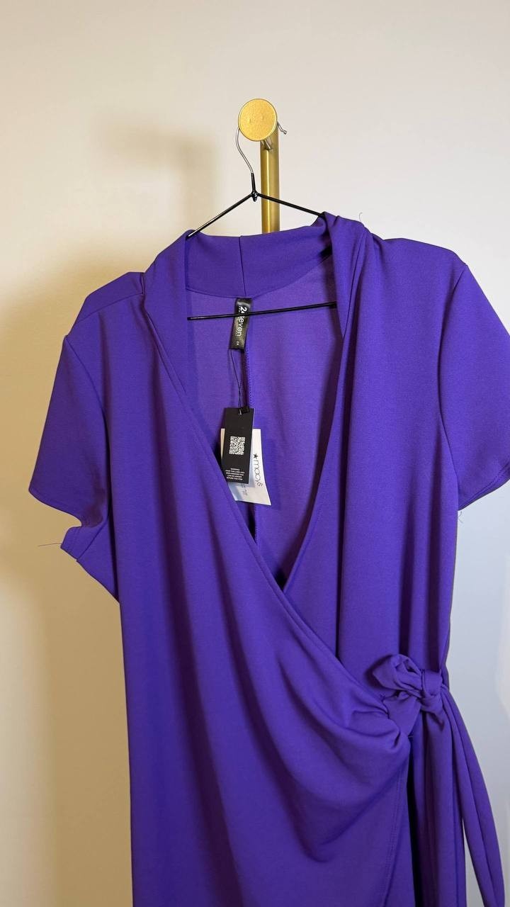 24Seven Comfort Apparel Plus Mandarin Collar Wrap Dress Purple 2X $78 NWT