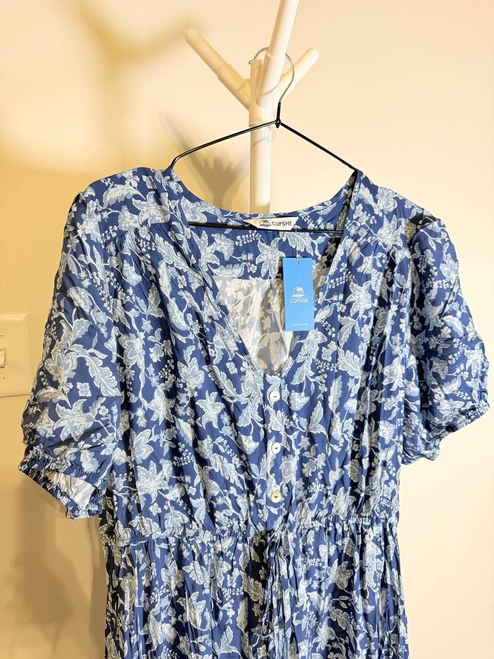 Cupshe Dark Blue Floral Midi Dress – Balloon Sleeves – Size XL – NWOT