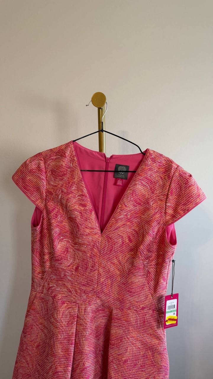 Vince Camuto Metallic Floral Jacquard Fit & Flare Dress Pink 8 $178 NWT