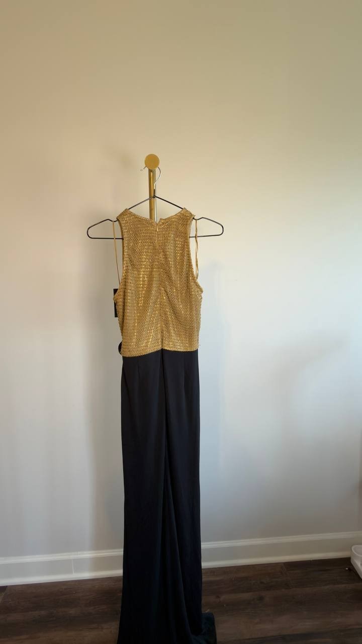 Lauren Ralph Lauren Beaded Mesh Jersey Tie-Front Gown Gold/Black 2 NWT $45