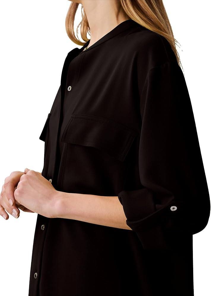 Calvin Klein Crepe Relaxed Button‑Front Shirt Black M NWT $79