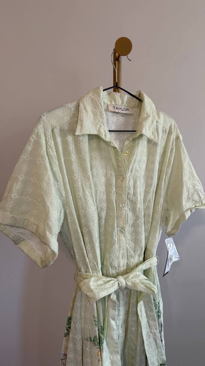 Taylor Women’s Eyelet Embroidered Belted Cotton Shirtdress White 6 $144 NWT