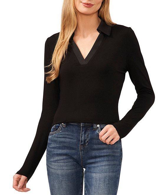 CeCe Collared V‑Neck Long‑Sleeve Top – Black – Size XL – NWT – $49